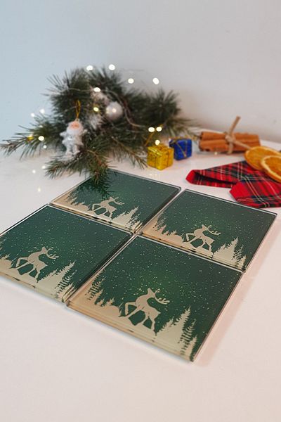 Decorita Glass Coaster| New Year Green Silhouette| Set of 4| 10cm X 10cm