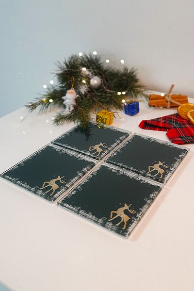 Decorita Glass Coaster| New Year Snow Framed| Set of 4| 10cm X 10cm