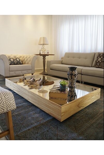 LUXURY VİLLA Luxury Doğal Ahşap Tekerlekli Üstü Aynalı Orta Sehpa 80x140 Yüks...