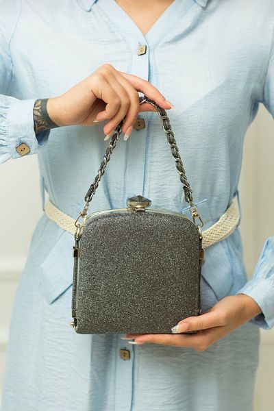 Moom Bag Geantă pentru rochie de seară cu mâner tricotat platină pentru femei