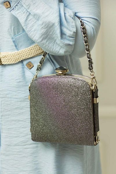 Moom Bag Geantă pentru rochie de seară cu mâner tricotat platină pentru femei