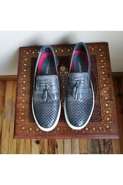 D By Divarese Unisex Genuine Gray Burning Antique Staple Hole Tasseled Pompom Rubber Sole Loafer