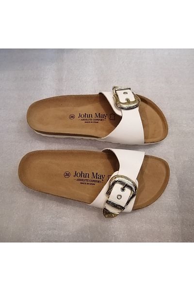 John May Unisex Genuine Vaketa Leather White Gold Metal Patterned Buckle Three Adjustment Single Strap Slippers