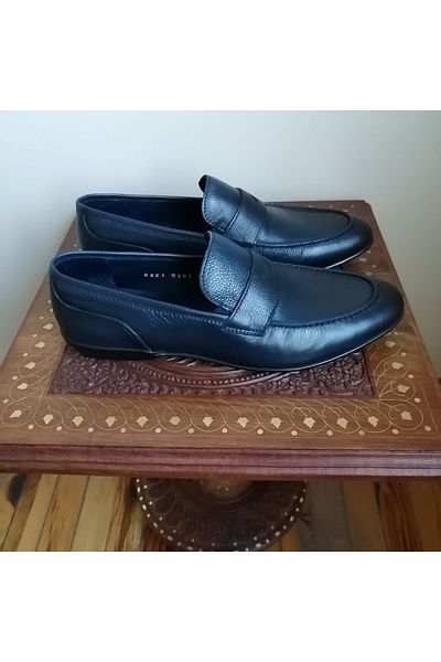 Butik Tülin Unisex Genuine Leather Navy Blue Banded Non-Slip Hard Thin Rubber Sole Loafer