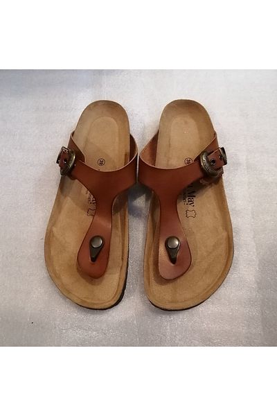 John May Unisex Genuine Vaketa Leather Tan Bronze Metal Patterned Buckle Three Adjustable Flip Flops