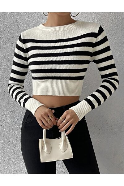 BertoNelly Triko Crop Örme Çizgili Kadın Kazak