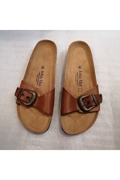 John May Unisex Genuine Vaketa Leather Tan Bronze Metal Patterned Buckle Three Adjustment Single Strap Slippers