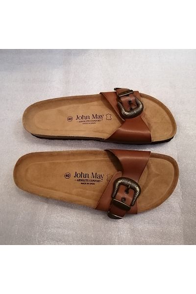 John May Unisex Genuine Vaketa Leather Tan Bronze Metal Patterned Buckle Three Adjustment Single Strap Slippers