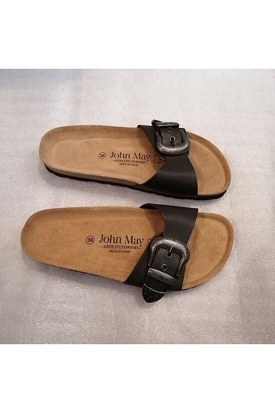 John May Unisex Genuine Vaketa Leather Black Silver Metal Patterned Buckle Three Adjustment Single Strap Slippers