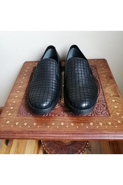 MOCASSINI Unisex Genuine Leather Black Quilted Combination Elastic Soft Flat Non-Slip Rubber Sole Loafer Shoes