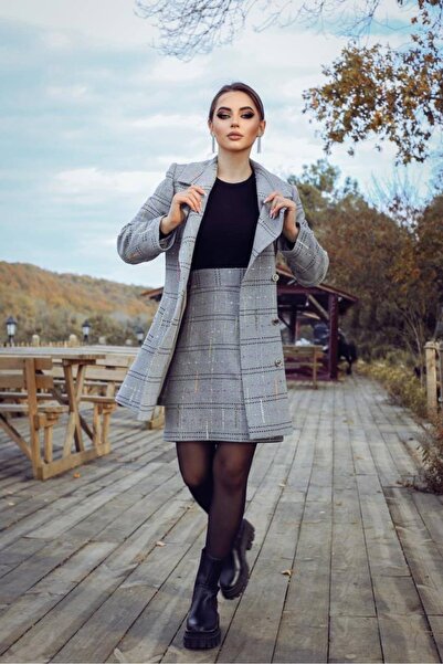 Sude Giyim Kadın Blazer Ceket-etek Takım Elbise Kruveze Yaka Gri