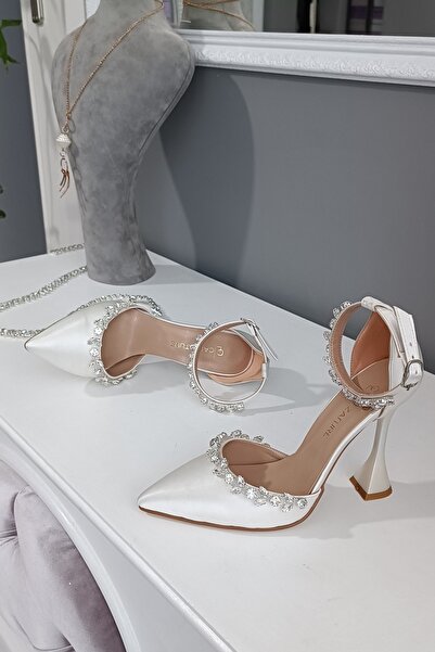 LA CALZATURE Satin sidefat 11 cm Toc șampanie Curea la gleznă Rochie de seară din piatră dublă de apă Pantofi de damă stiletto