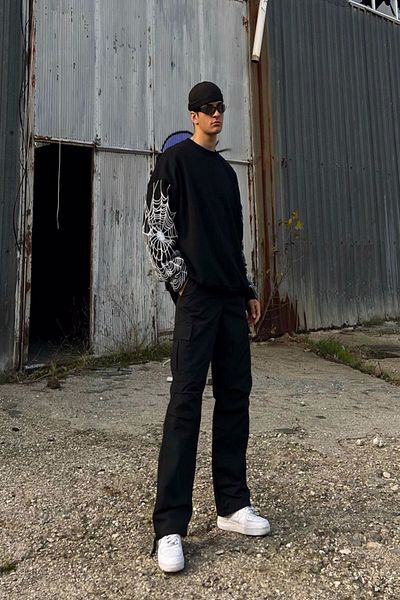 Machetta Φούτερ με λαιμόκοψη μαύρο'spider-double Sleeve' με στάμπα μεγάλου μεγέθους