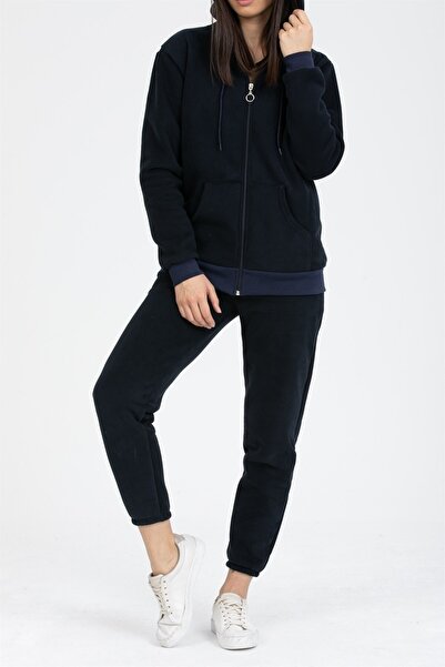 Deafox Sötétkék, cipzáras kapucnis háromszálas vastag tréningruha szett