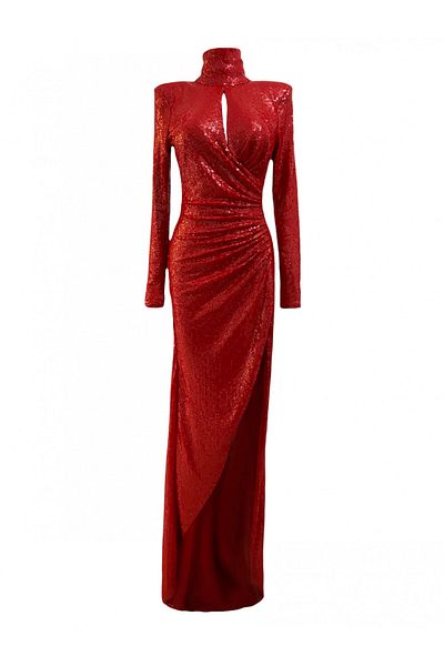 TARA COŞKUNTUNCEL Red Sequin Draped Turtleneck Long Evening Dress
