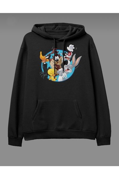 BYMEER Hanorac supradimensionat unisex negru cu imprimeu Looney Tunes