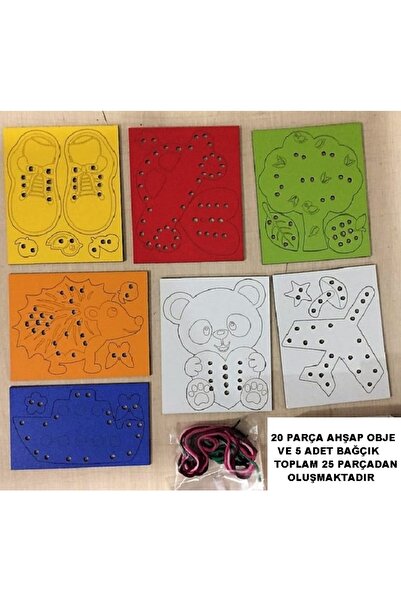 Trendy Toys Eğitici Ahşap Renkli Ip Geçirme Örgü Seti 25 Parça Montessori El Kası Geliştirme Oyunu