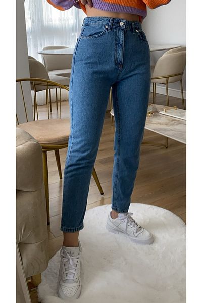 LAMİRA Caută Blue Lycra Mom Jean Blugi cu talie înaltă