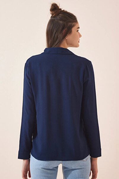 NARKISS Cămașă albastru bleumarin cu textura mătăsoasă