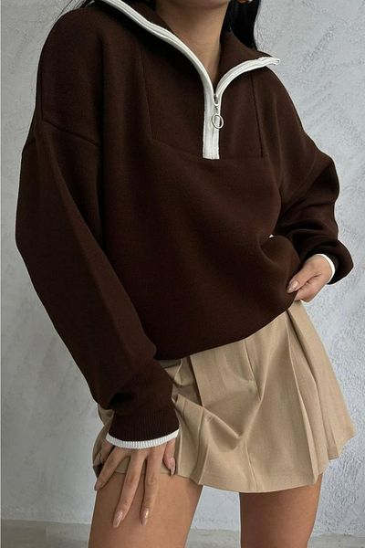 lovebox Women's Brown Zipper Collar Detailed Oversize Sweater 6650