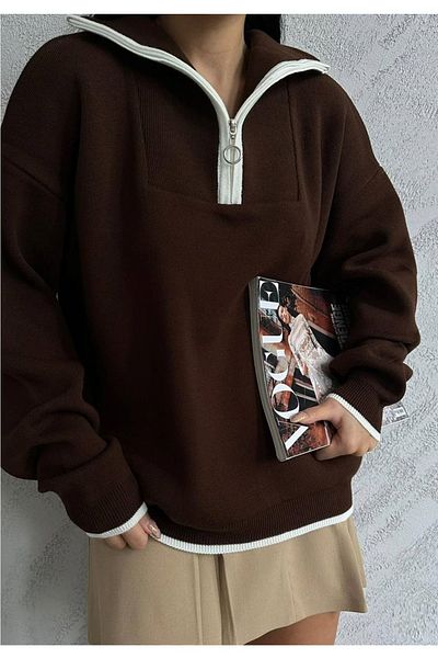 lovebox Women's Brown Zipper Collar Detailed Oversize Sweater 6650