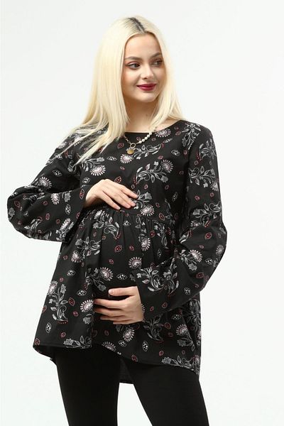 LadyMina Pijama Ladymina Red Patterned Maternity Shirt Black
