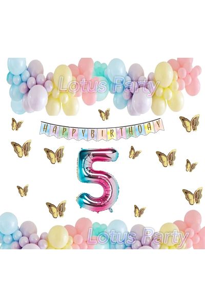 LOTUS PARTY 5 Year Old Birthday Set Butterfly Rainbow Unicorn Concept Macaron Balloon Chain