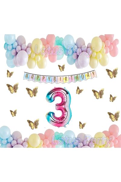 LOTUS PARTY 3 Year Old Birthday Set Butterfly Rainbow Unicorn Concept Macaron Balloon Chain