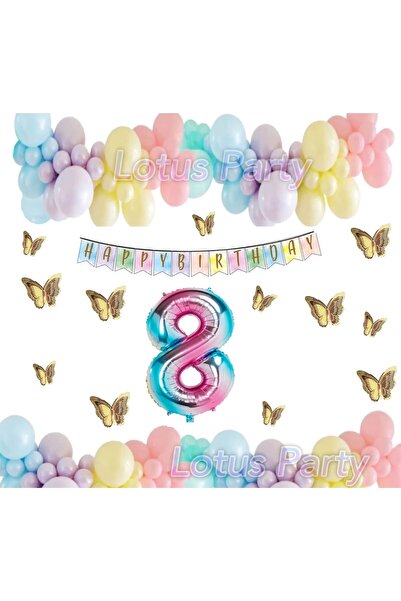 LOTUS PARTY 8 Yaş Doğum Günü Seti Kelebekli Gökkuşağı Unicorn Konsepti Makaro...