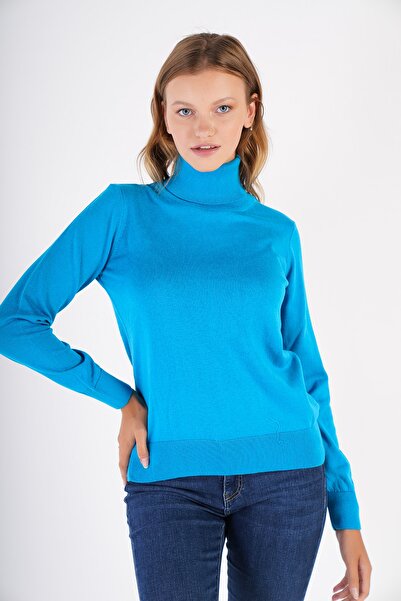 Trist Star سترة تريكو نسائية باللون الفيروزي 100% من القطن العضوي بياقة مدورة Trıst-6103