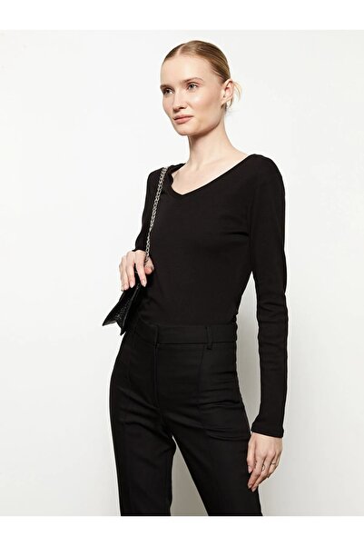 LC Waikiki V Yaka Düz Uzun Kollu Pamuklu Kadın Tişört