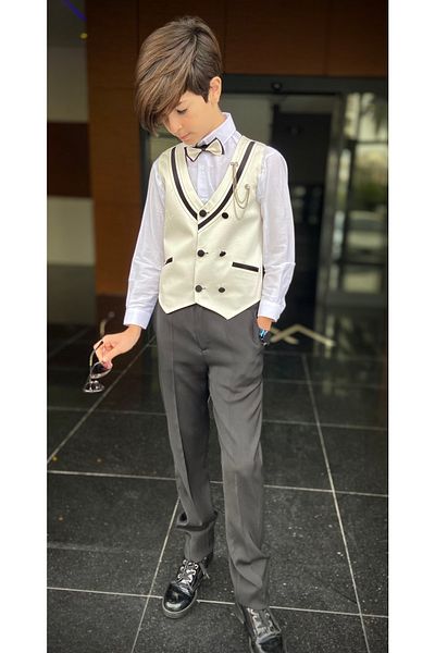 WENA KİDS Children's Vest Suit Shirt Set Collar Striped Cream