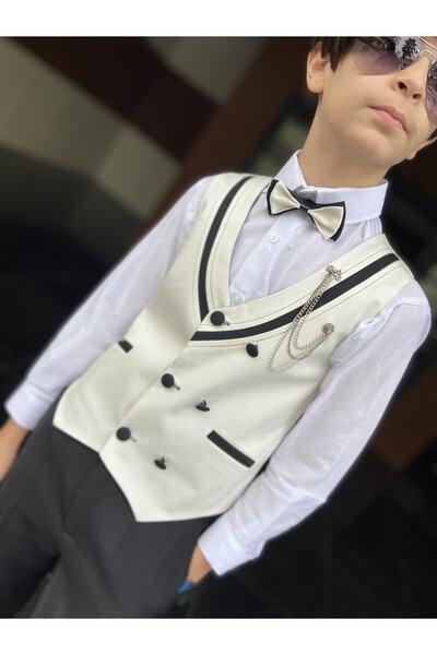 WENA KİDS Children's Vest Suit Shirt Set Collar Striped Cream