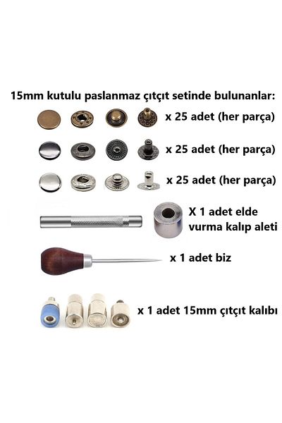 tuhafiyecimiz 75 Pieces 15mm Boxed Stainless Snap Making Set - Attachments, We And 75 Sets Stainless Snaps