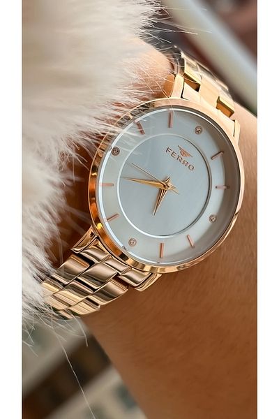 FERRO Brand Rose Color Steel Strap Waterproof Women's Wristwatch