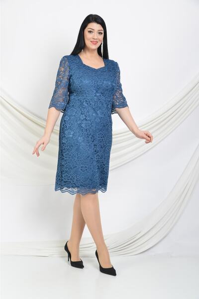 Butik Miza Mavi Kordone Dantel Truvakar Kollu Büyük Beden Elbise