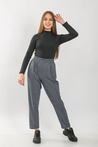 Aşkı Endam Large Size Pocketed Winter Elastic Stamped Trousers Navy Blue Four Stars