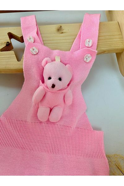 aryakids Girl's Teddy Bear Winter Knitwear Salopet Pink