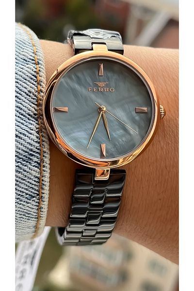 FERRO Brand Black Color Steel Strap Waterproof Women's Wristwatch