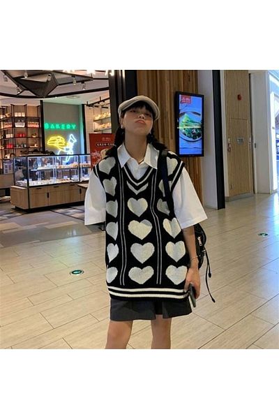 Touz Zolid Kawaii Harajuku Καρδιά με μοτίβο V-λαιμόκοψης Oversize πουλόβερ
