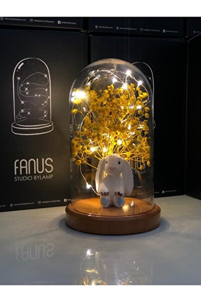 BY-LAMP Işıklı Fanus Mavi Tavşan Ve Çiçek Figürlü Lamba Çocuk Odası Gece Lamb...