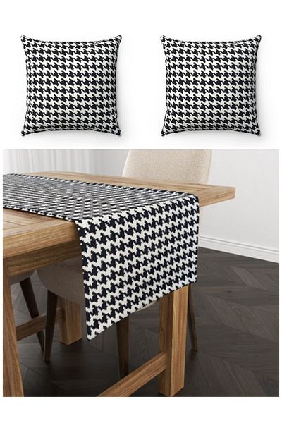 FUS BLUE Houndstooth Patterned Runner and 2-Piece Throw Pillow Case