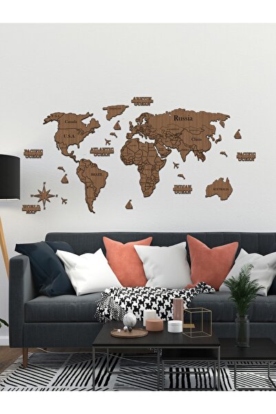 GİZEM SHOP 2d Dünya Haritası Ceviz Puzzle Şeklinde Ahşap Ölçü 150cmx75cm