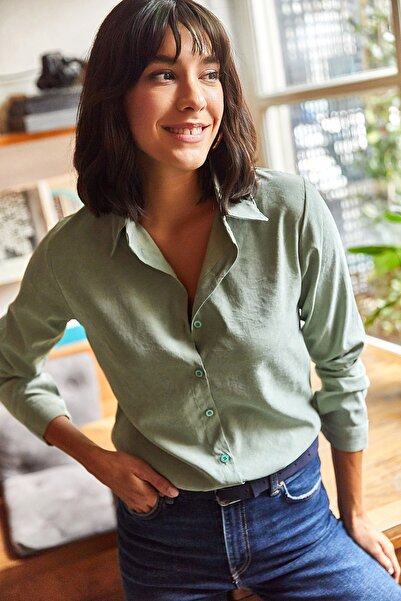 Olalook Kadın Mint Yeşili Taşlanmış Kupra Dokuma Gömlek