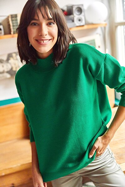 Olalook Kadın Zümrüt Yeşili Balıkçı Yaka Yumuşak Dokulu Salaş Triko Kazak