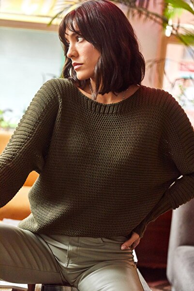 Olalook Pulover de damă din tricot în fagure cu mâneci Haki