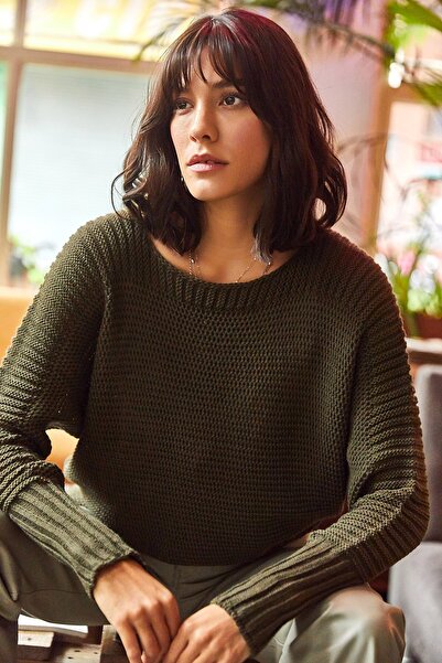 Olalook Pulover de damă din tricot în fagure cu mâneci Haki