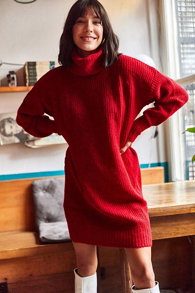 Olalook Rochie tunică din tricotaje cu textura moale, burgundy, pentru femei