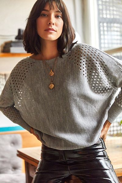 Olalook Dámská šedá oversize mikina se zakřiveným netopýrem