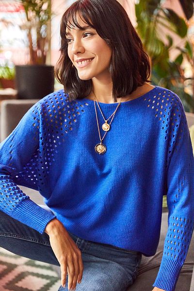 Olalook Women's Saks Blue Openwork Bat Oversize Knitwear Sweater